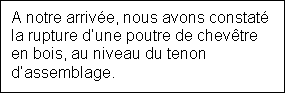 Zone de Texte: A notre arrive, nous avons constat la rupture dune poutre de chevtre en bois, au niveau du tenon dassemblage.