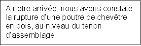 Zone de Texte: A notre arrive, nous avons constat la rupture dune poutre de chevtre en bois, au niveau du tenon dassemblage.